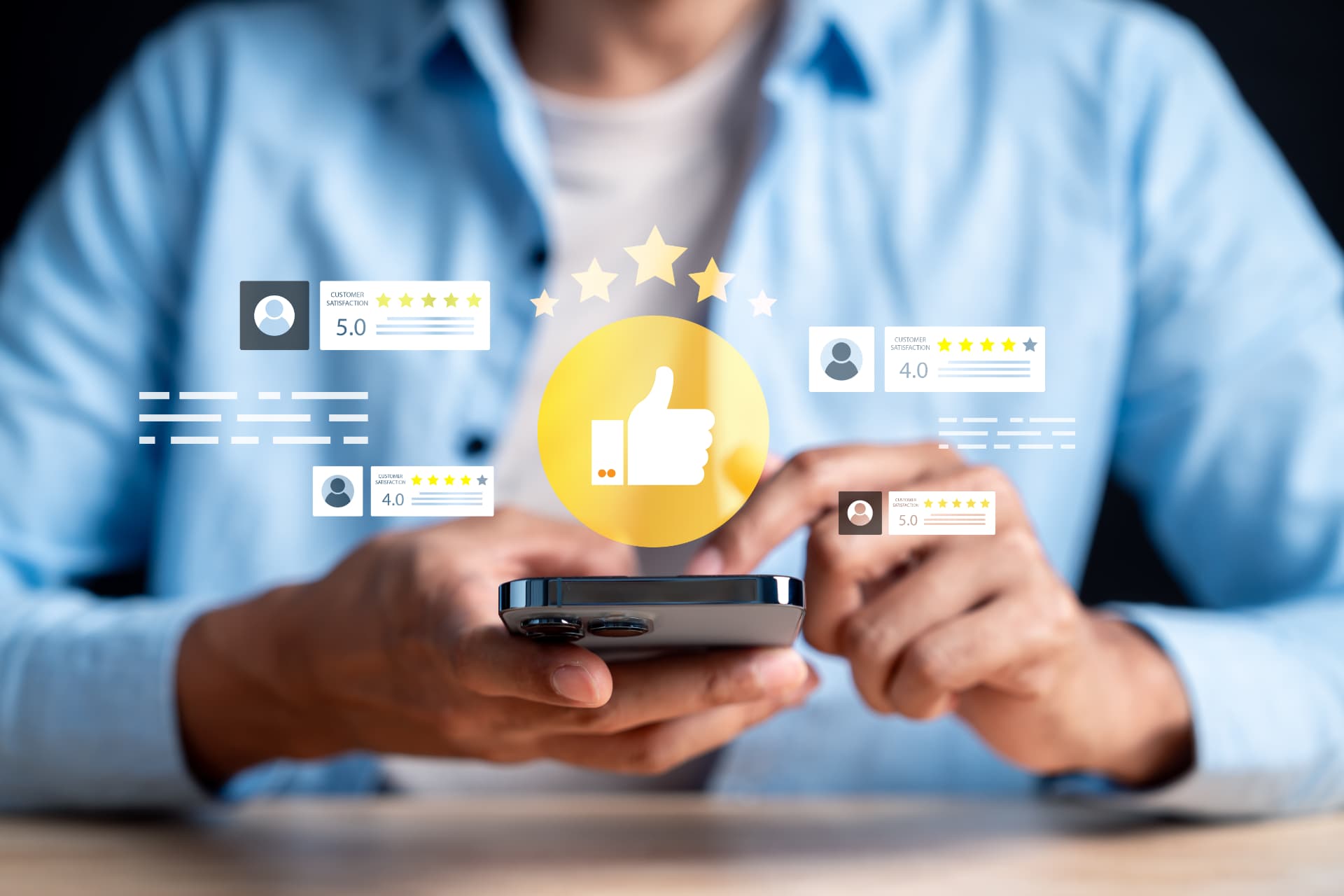Person holding a smartphone with customer satisfaction and rating icons floating above it