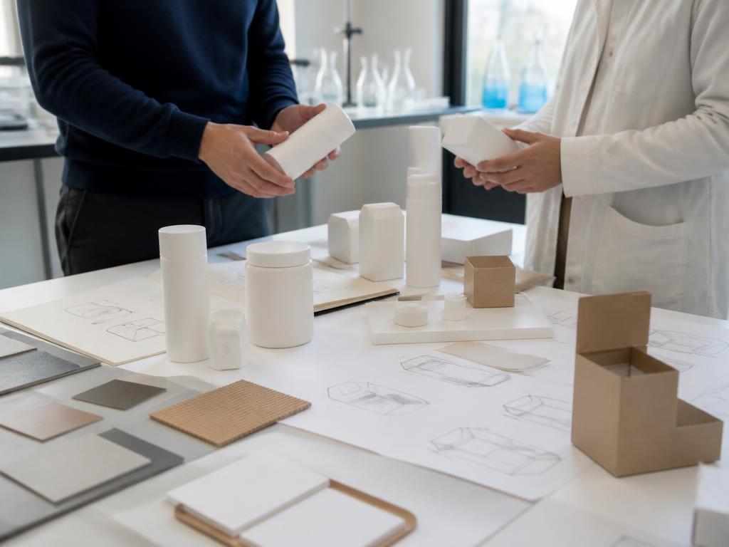Hands examining unbranded prototype packaging samples during product development